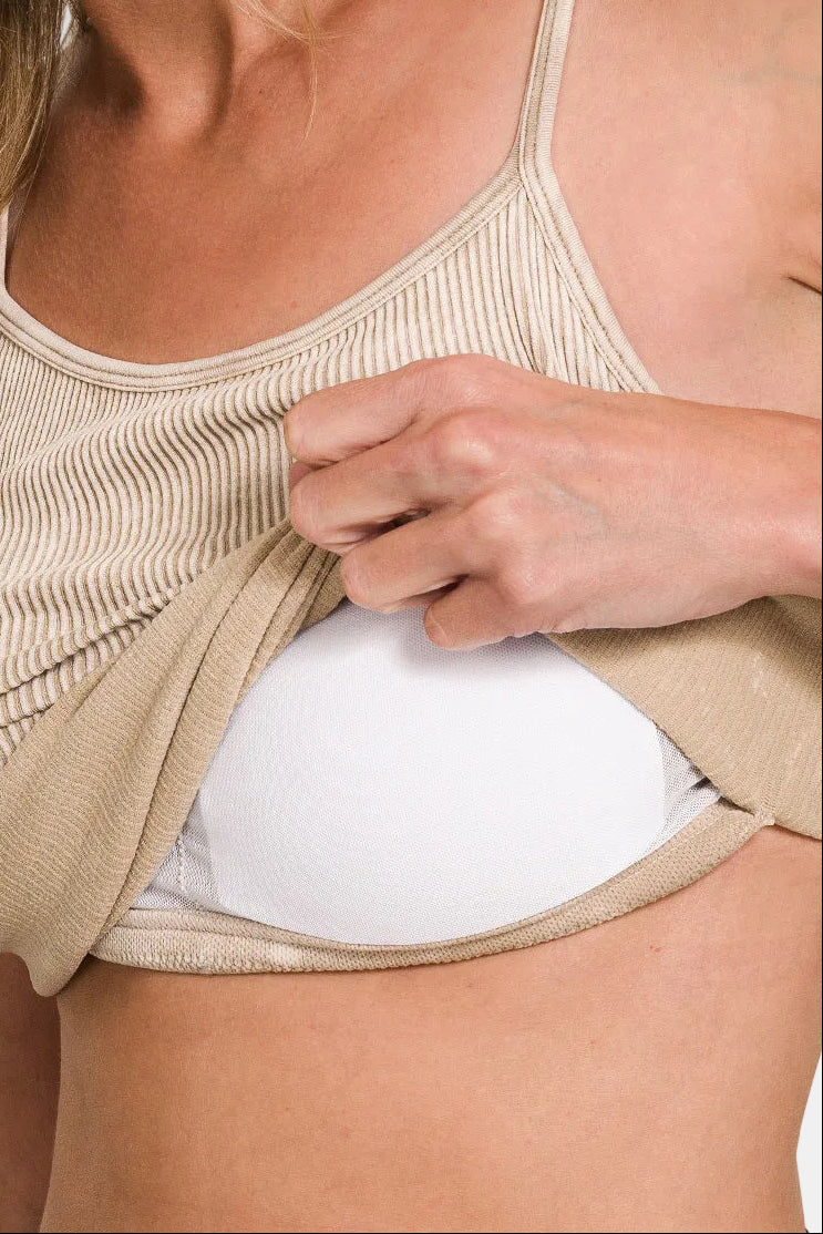 Stone Washed Ribbed Seamless Tank Top With Bra Pads / BLACK