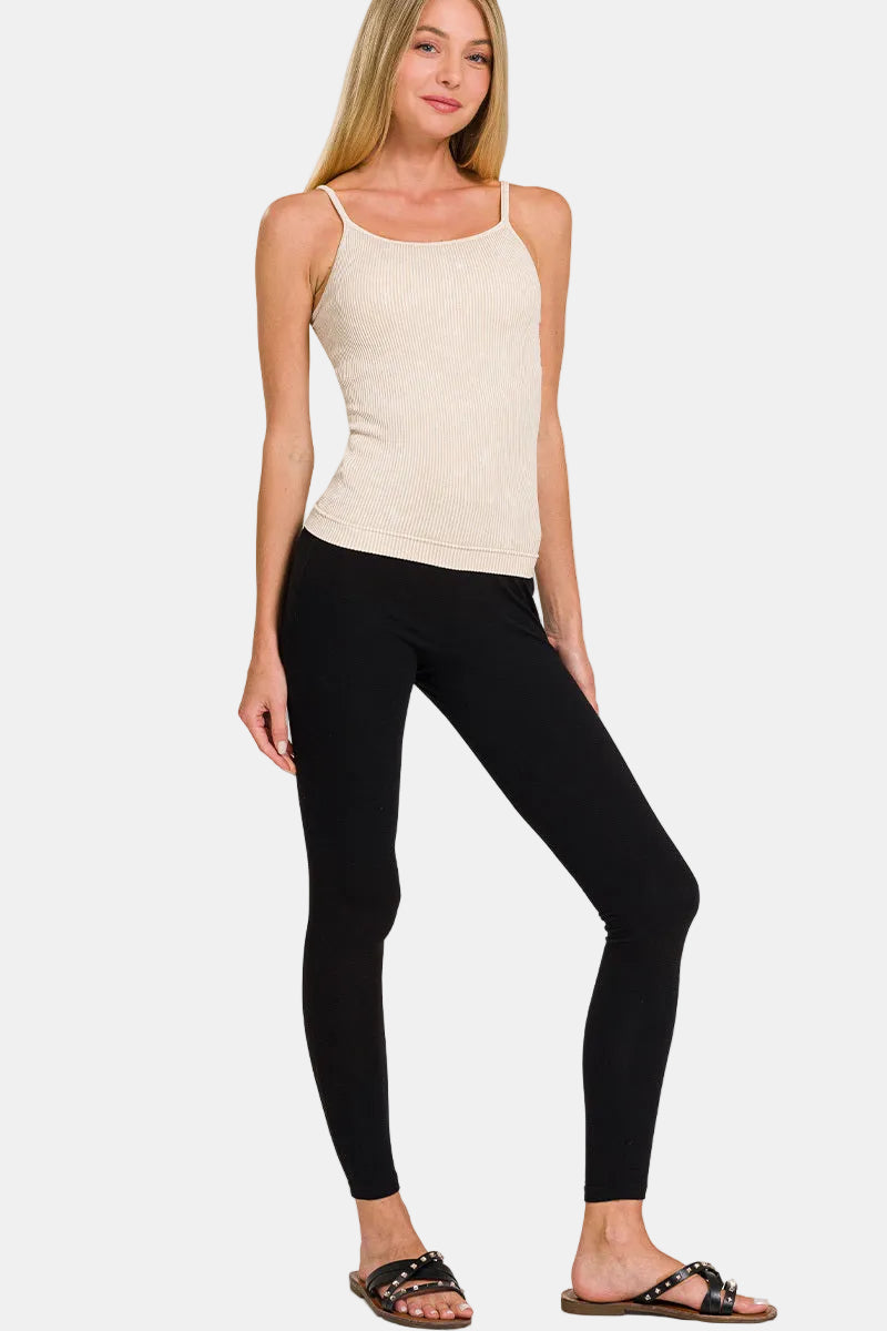 Stone Washed Ribbed Seamless Tank Top With Bra Pads / BLACK