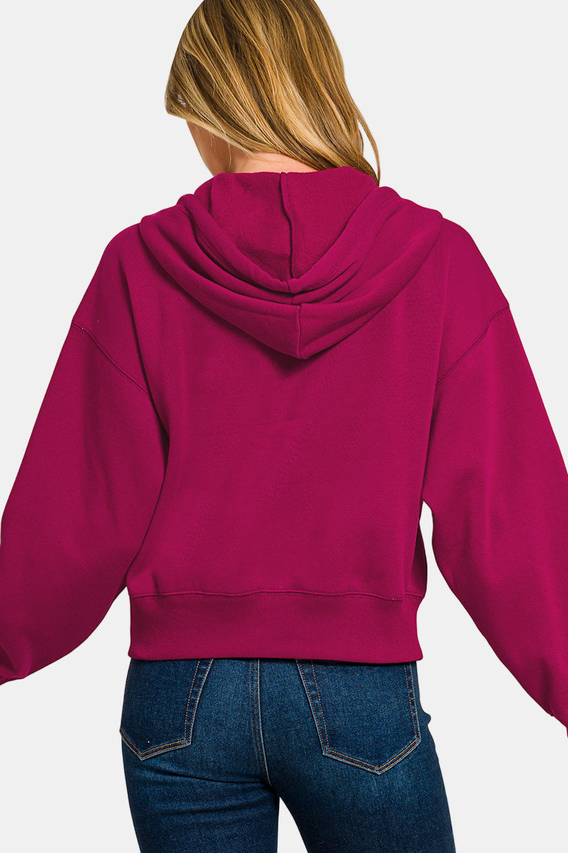 Fleece Cropped Zip-Up Hoodie with Pockets / COCOA