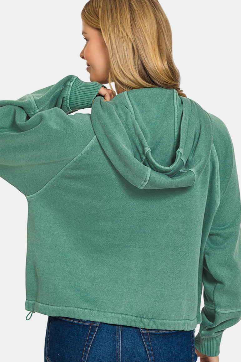 Fleece Pigment Dye Zip Up Hoodie with Pockets / OCEAN BLUE