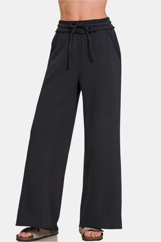 Fleece Exposed Seam Wide Leg Sweatpants / BLACK