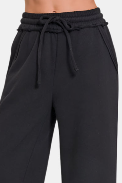 Fleece Exposed Seam Wide Leg Sweatpants / BLACK