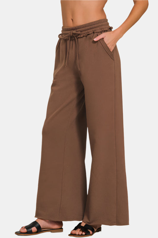 Fleece Exposed Seam Wide Leg Sweatpants / BROWN