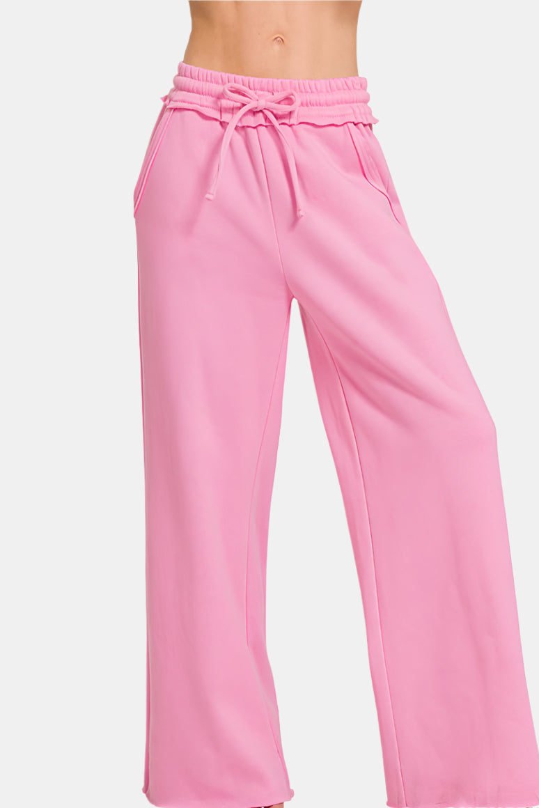 Fleece Exposed Seam Wide Leg Sweatpants / CANDY PINK