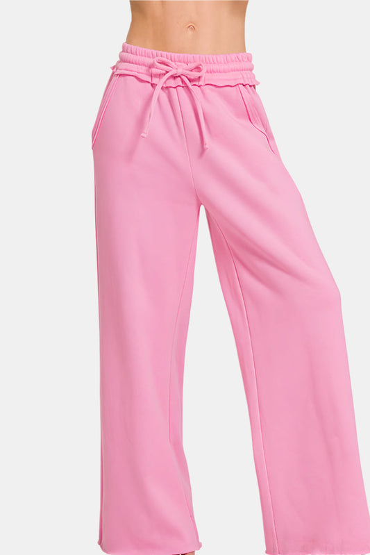 Fleece Exposed Seam Wide Leg Sweatpants / CANDY PINK