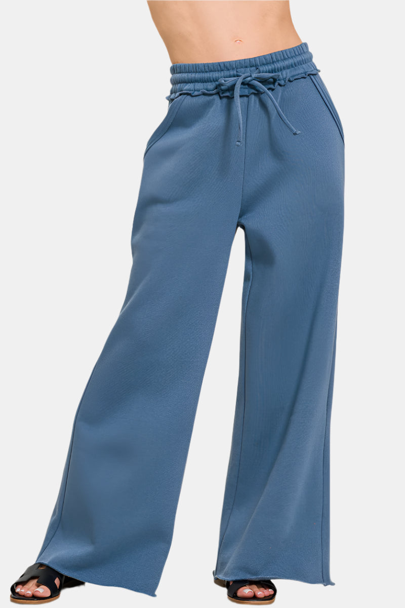 Fleece Exposed Seam Wide Leg Sweatpants / DUSTY BLUE
