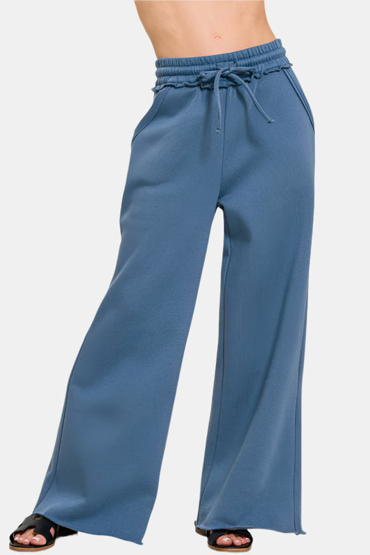 Fleece Exposed Seam Wide Leg Sweatpants / DUSTY BLUE