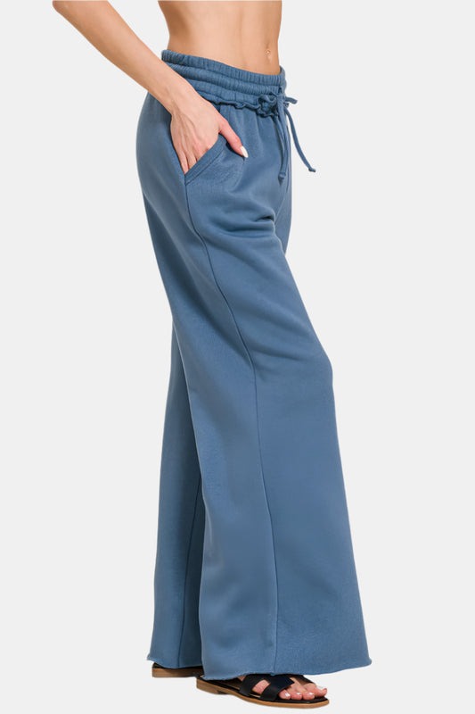 Fleece Exposed Seam Wide Leg Sweatpants / DUSTY BLUE