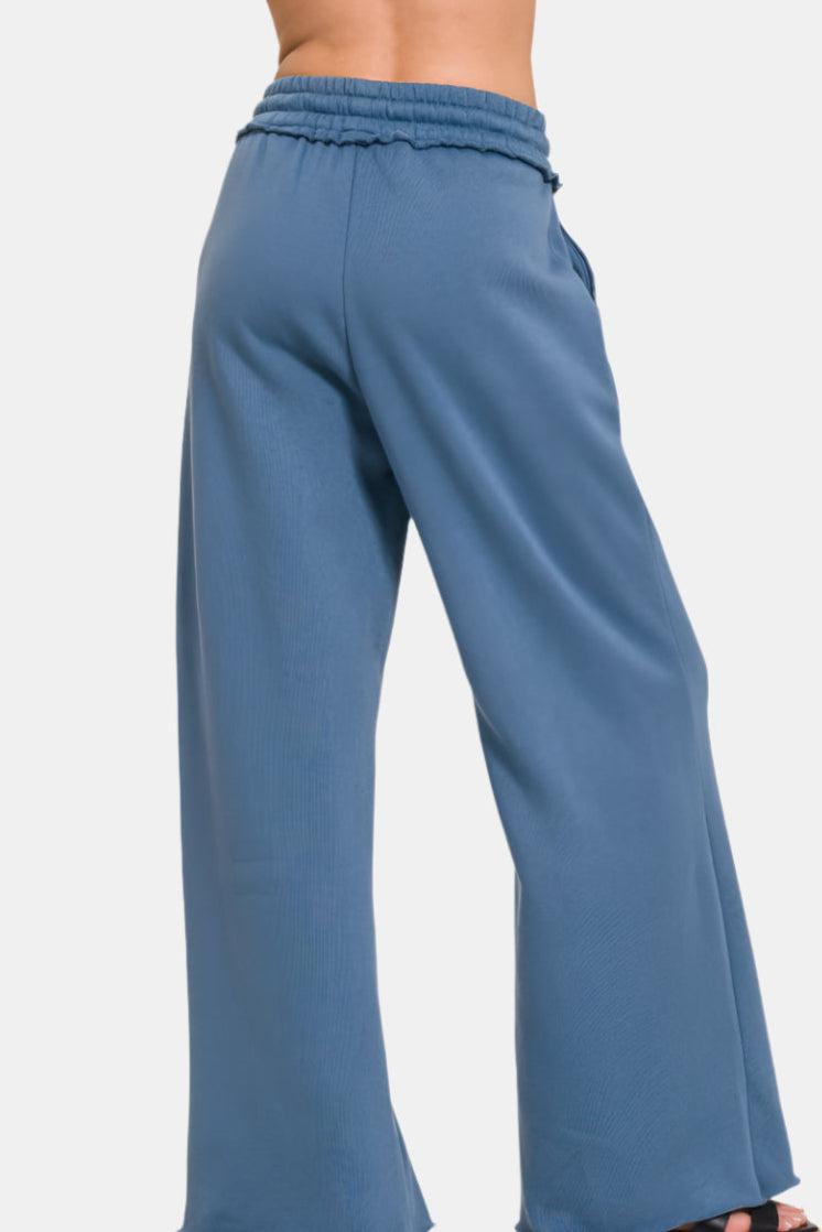 Fleece Exposed Seam Wide Leg Sweatpants / DUSTY BLUE