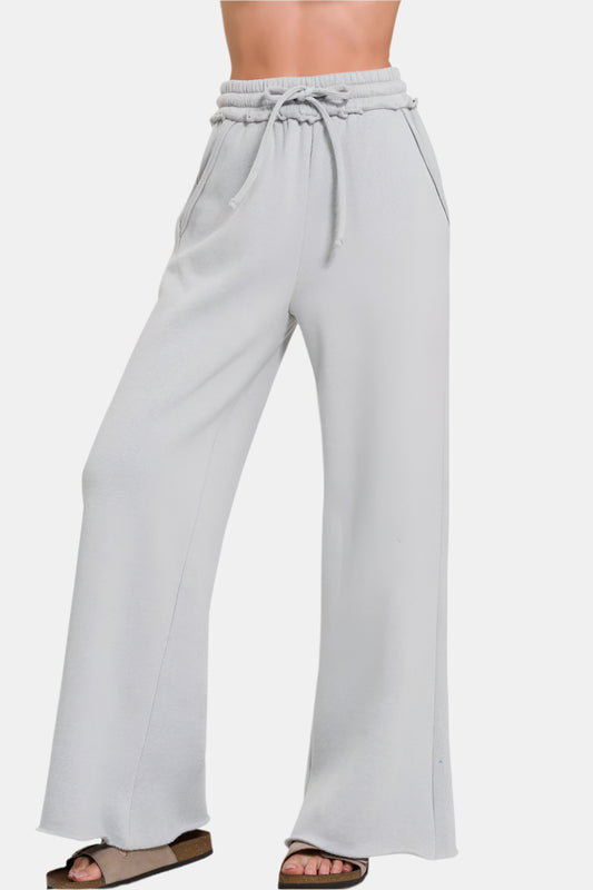 Fleece Exposed Seam Wide Leg Sweatpants / H GREY