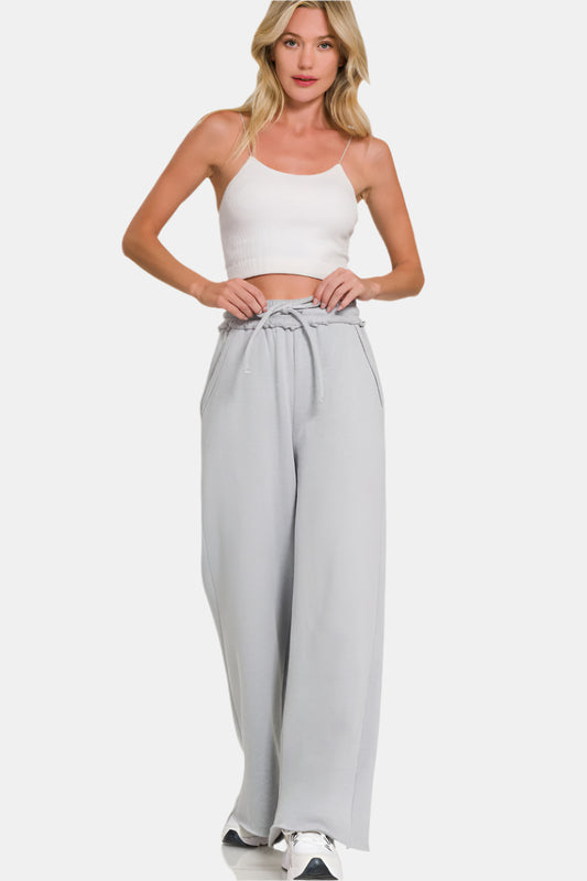 Fleece Exposed Seam Wide Leg Sweatpants / H GREY