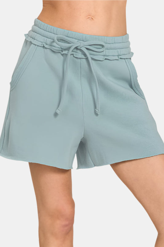 Fleece Raw Hem Shorts With Drawstring / BLUE GREY