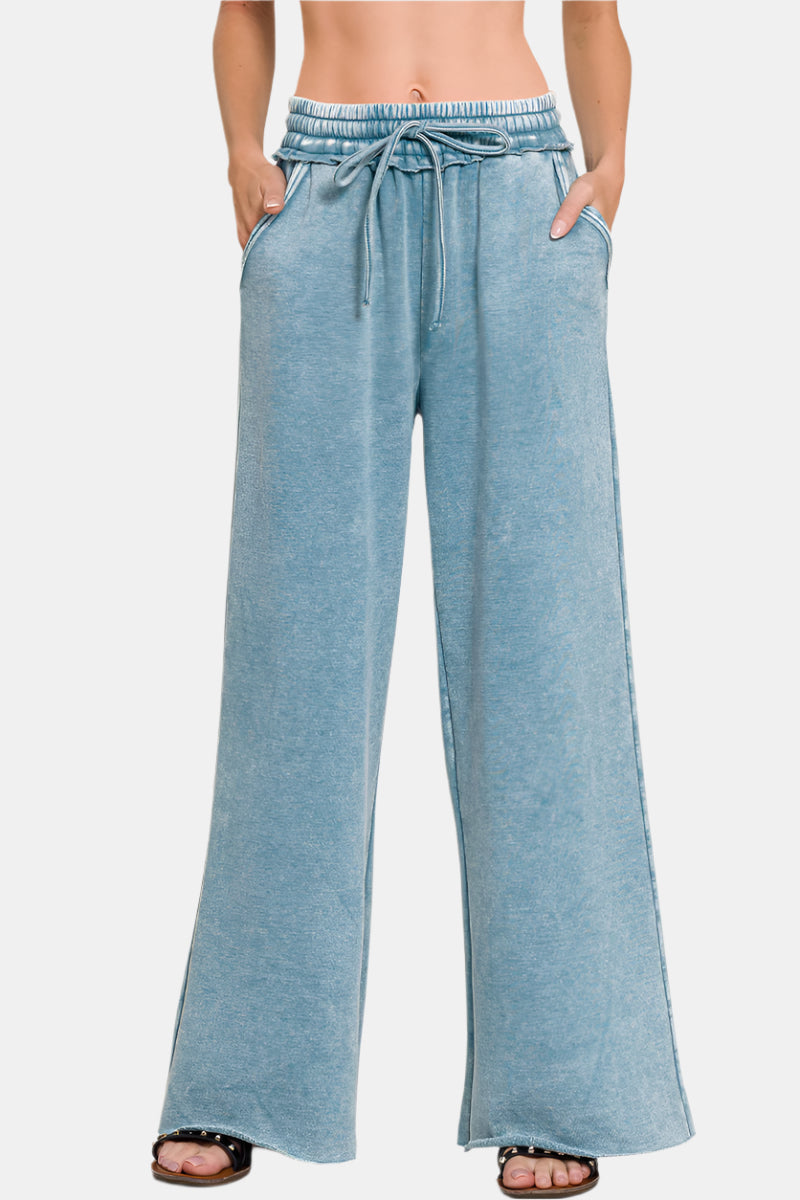 Acid Wash Fleece Palazzo Sweatpants with Pockets / BLUE GREY