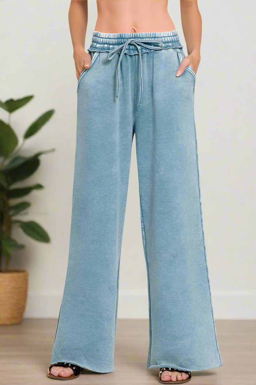 Acid Wash Fleece Palazzo Sweatpants with Pockets / BLUE GREY