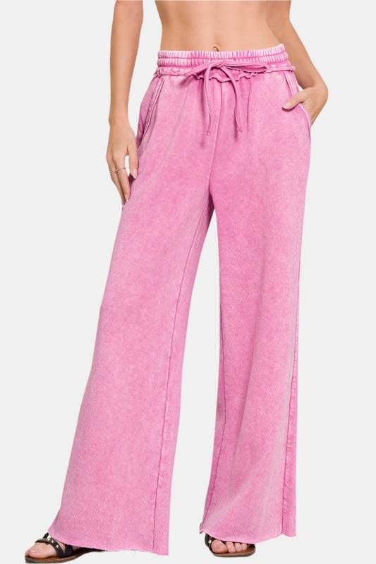 Acid Wash Fleece Palazzo Sweatpants with Pockets / MAUVE