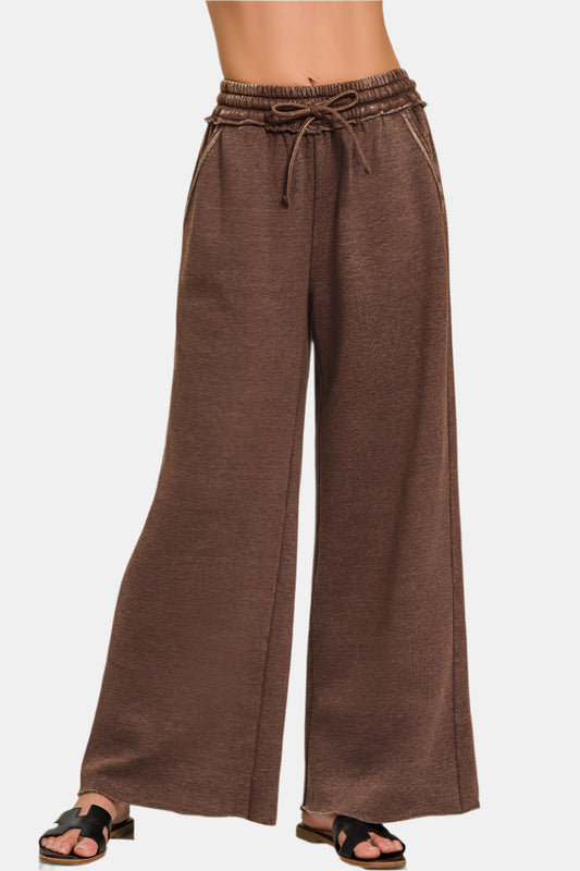 Acid Wash Fleece Palazzo Sweatpants with Pockets / MAHOGANY