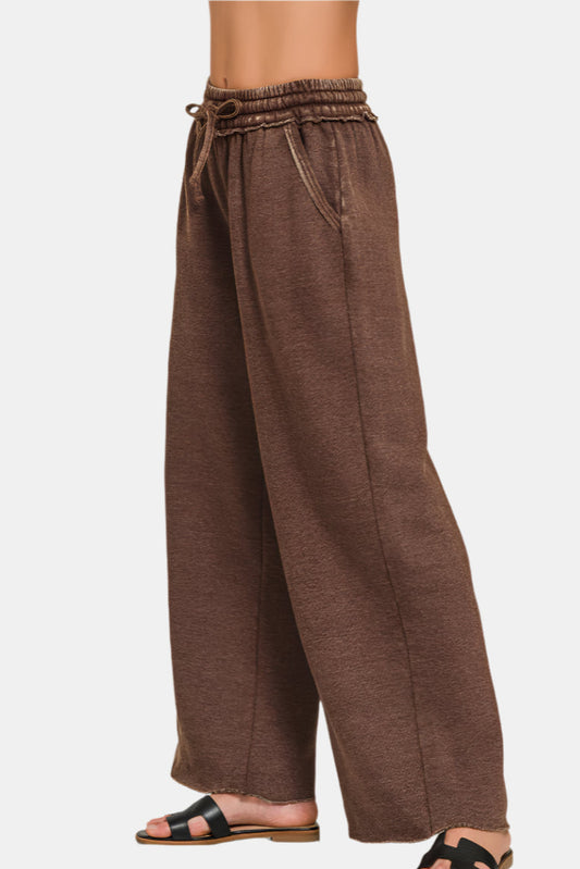 Acid Wash Fleece Palazzo Sweatpants with Pockets / MAHOGANY