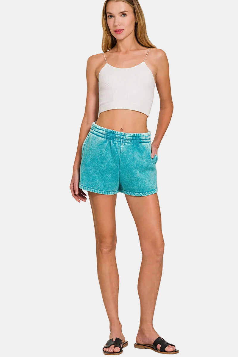 Acid Washed Elastic Waistband Dolphin Shorts / WINTER ROSE