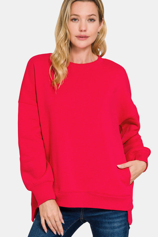 Fleece Hi-Low Boyfriend Sweatshirt with Pockets / RUBY