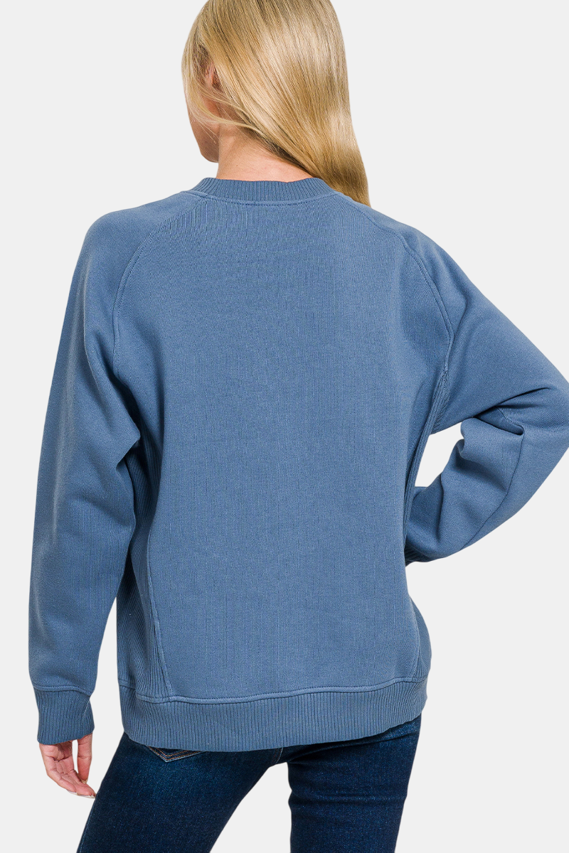 Fleece Round Neck Ribbed Side Raglan Sweatshirt / RUBY