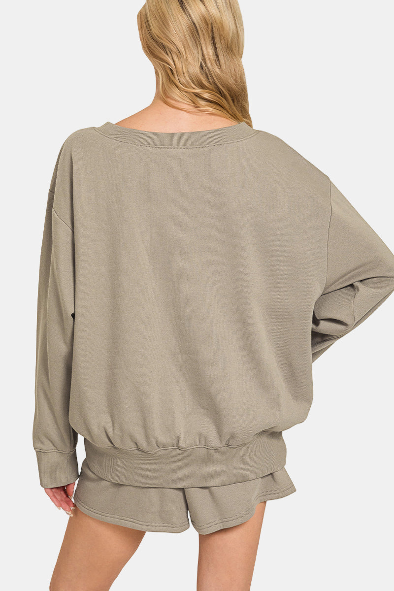 Fleece Boat Neck Sweatshirt and Shorts Set / BLACK