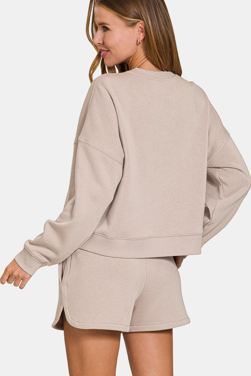 Fleece Long Sleeve Sweatshirt & Dolphin Shorts Set / TAN ROSE