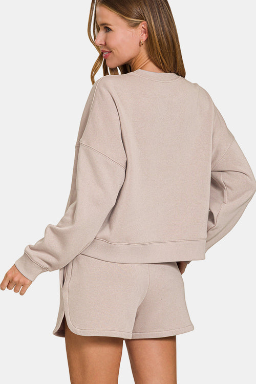 Fleece Long Sleeve Sweatshirt & Dolphin Shorts Set / BROWN