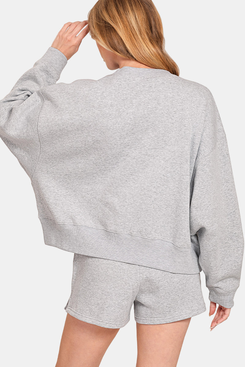 Fleece Round Neck Pullover & Shorts Set / BLACK