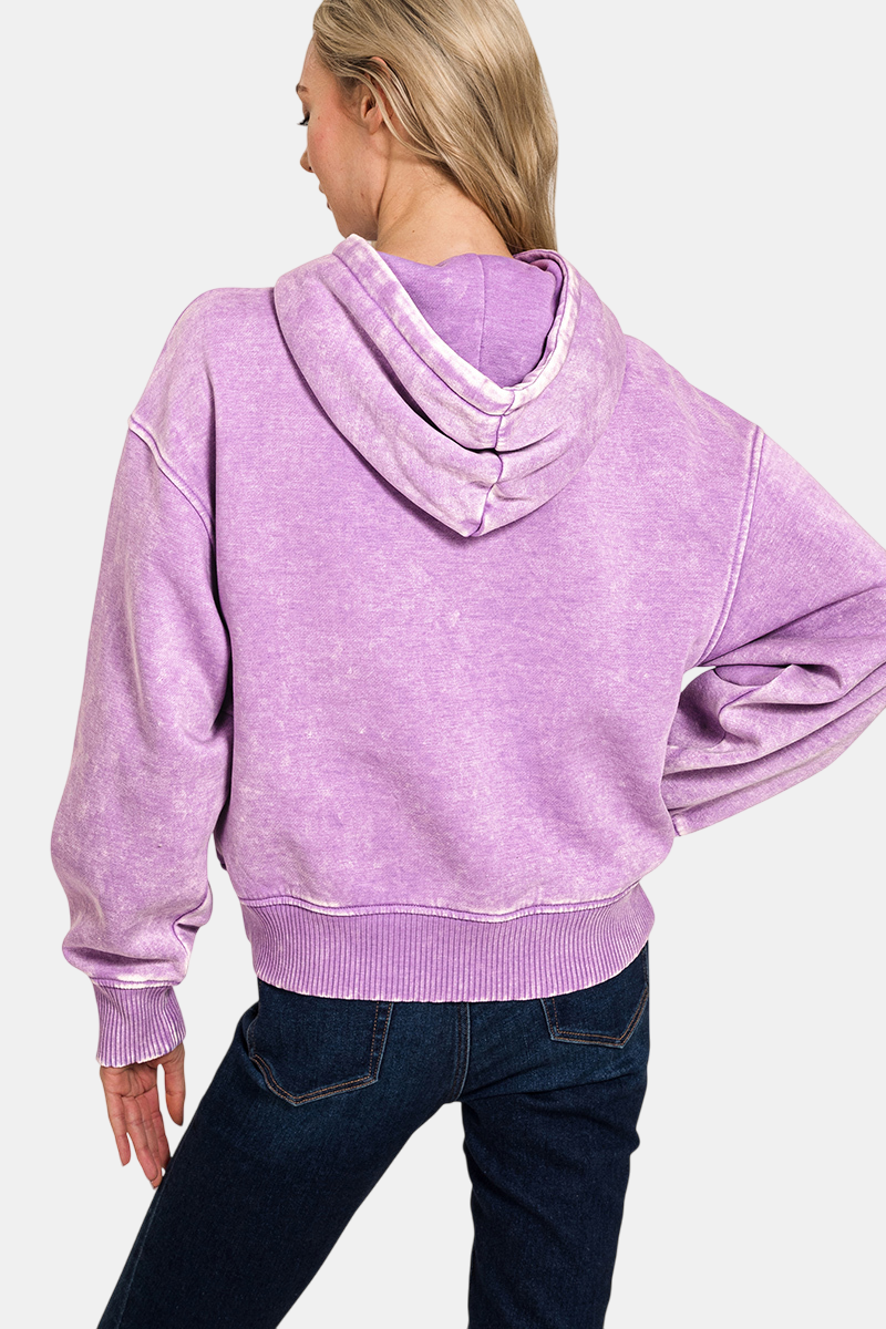 Acid Wash Fleece Cropped Hoodie / MAUVE