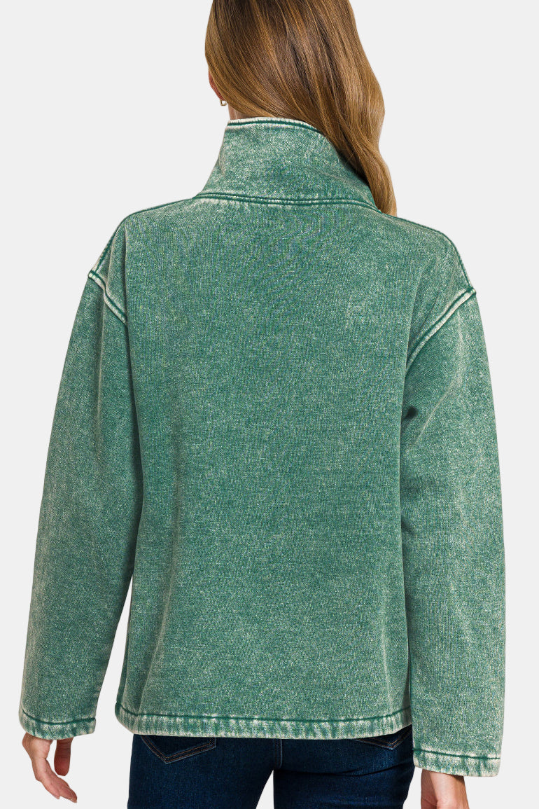 Fleece Washed High Neck Kangaroo Pocket Pullover / BLACK