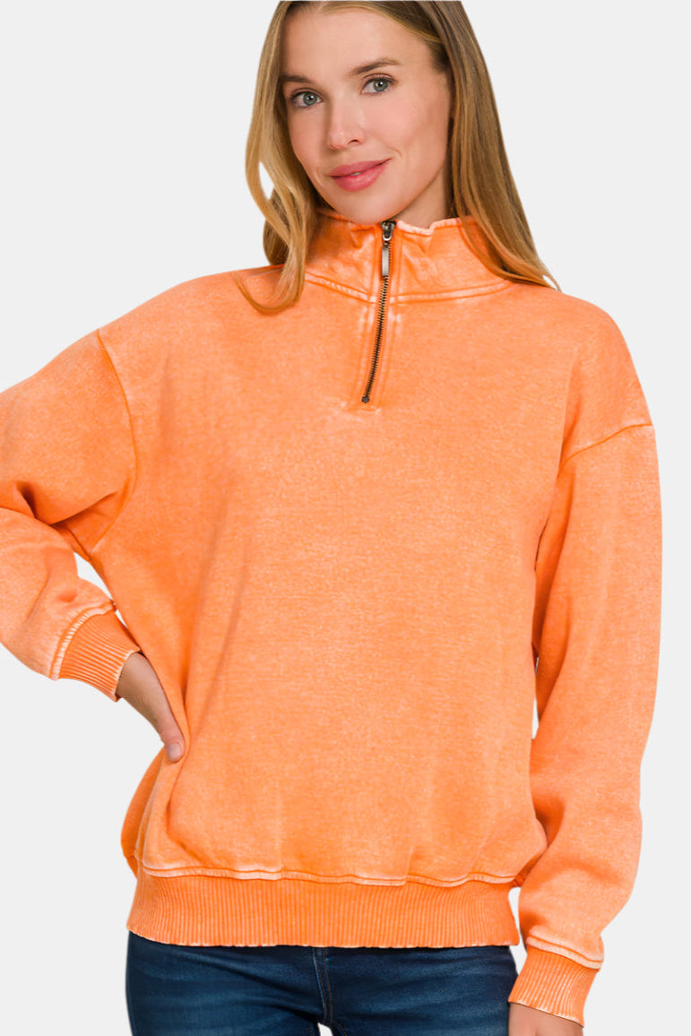 Acid Wash Fleece Half Zip Pullover / LT ORANGE