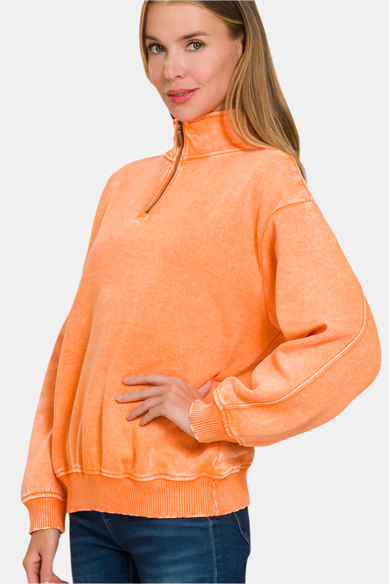 Acid Wash Fleece Half Zip Pullover / LT ORANGE
