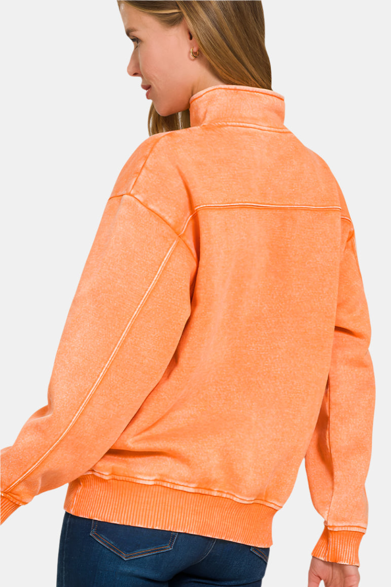 Acid Wash Fleece Half Zip Pullover / LT ORANGE