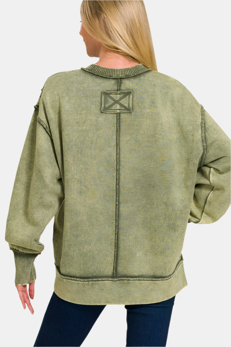 Acid Wash Exposed-Seam Fleece Sweatshirt / MARLIN