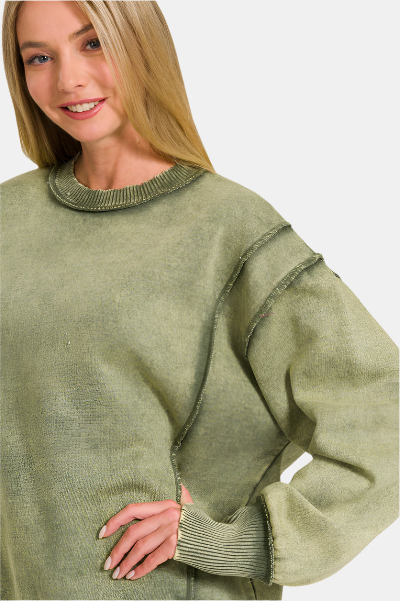 Acid Wash Exposed-Seam Fleece Sweatshirt / MARLIN
