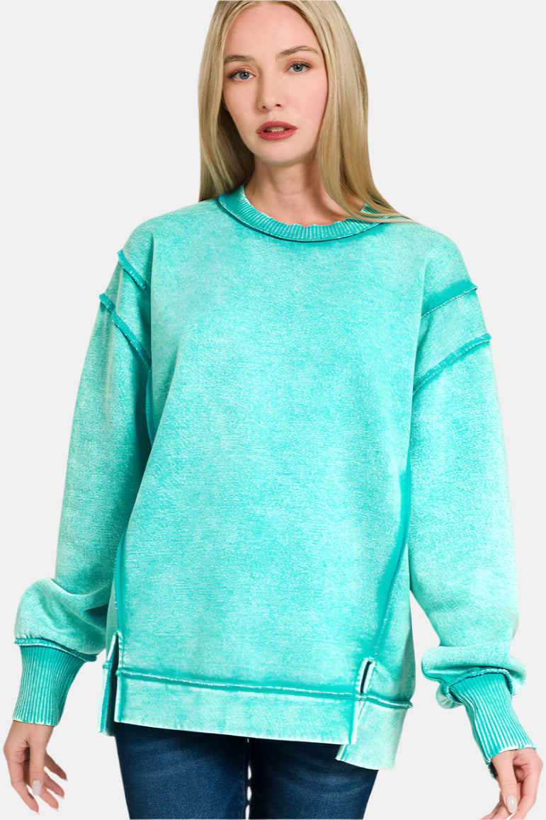 Acid Wash Exposed-Seam Fleece Sweatshirt / TURQUOISE