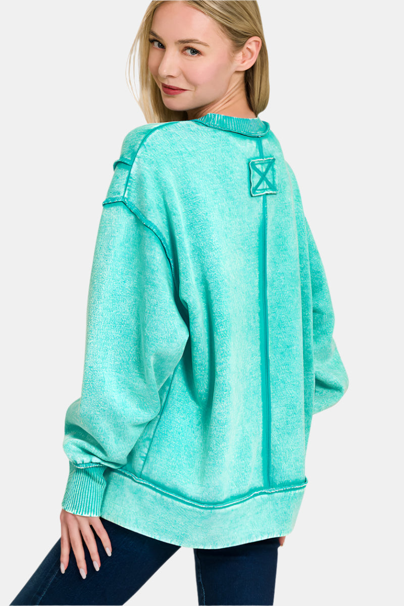 Acid Wash Exposed-Seam Fleece Sweatshirt / TURQUOISE