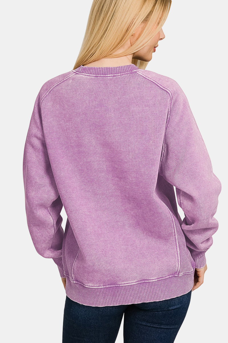 Acid Washed Fleece Sweatshirt with Side Rib / BLACK