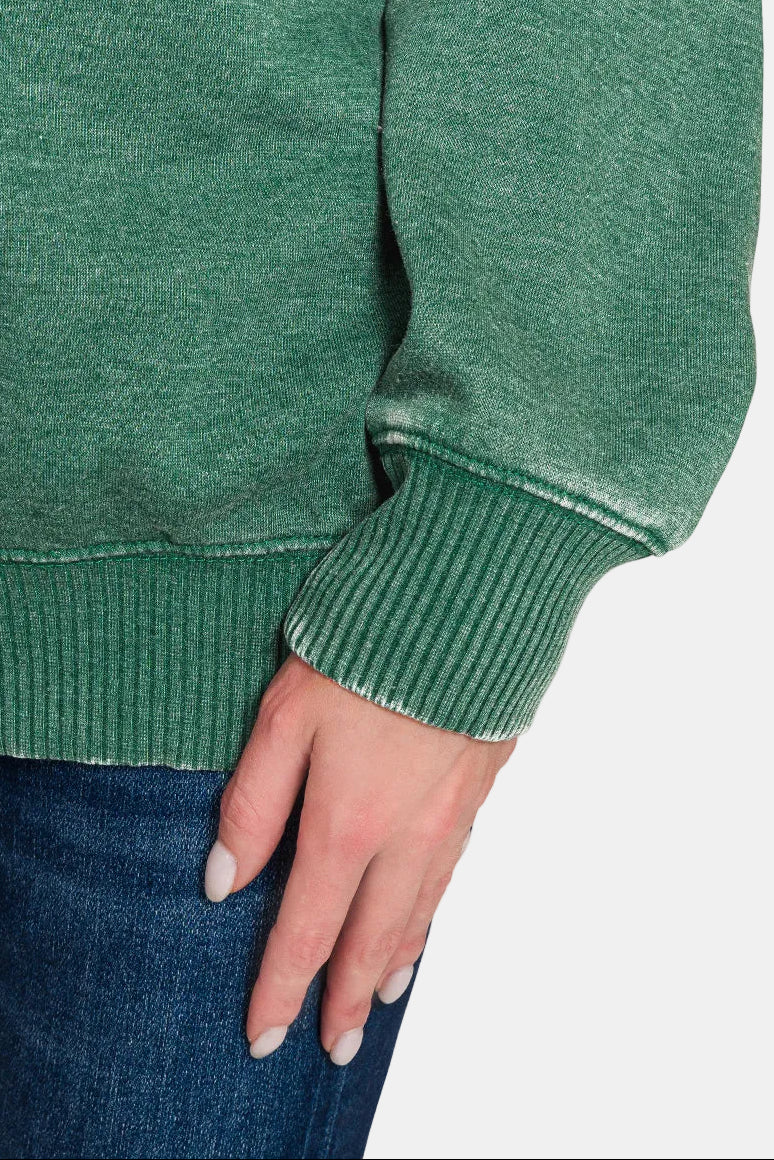 Fleece Acid Enzyme Washed Round Neck Sweatshirt / ARMY GREEN