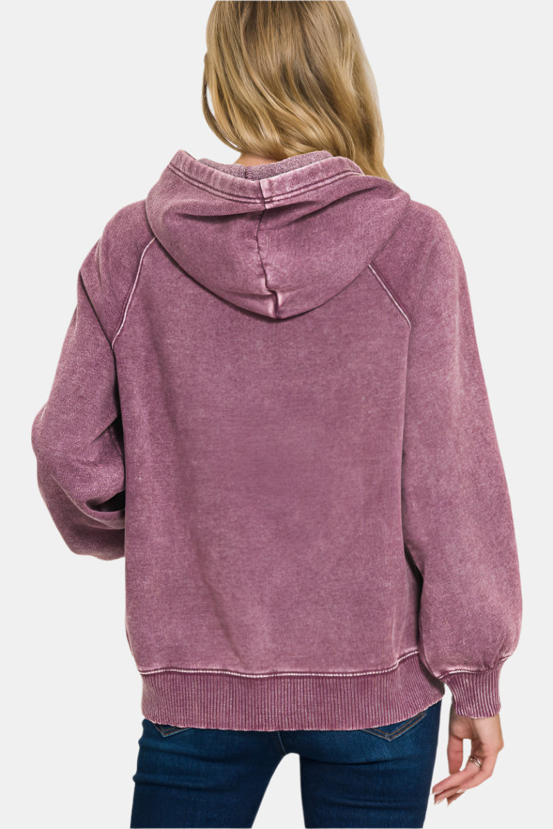 Acid Wash Fleece Hoodie with Pockets / ASH BLACK