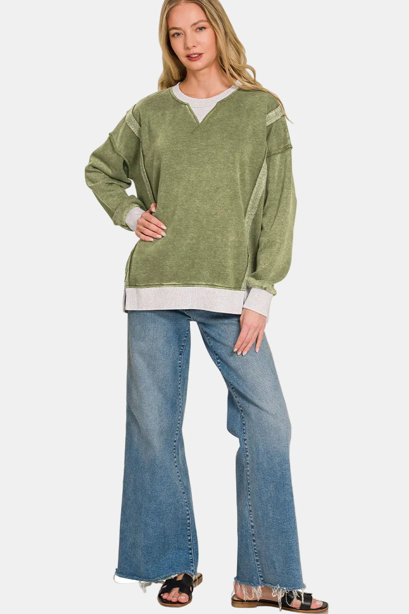 Fleece Acid Washed Contrast Trim Pullover / SLEET