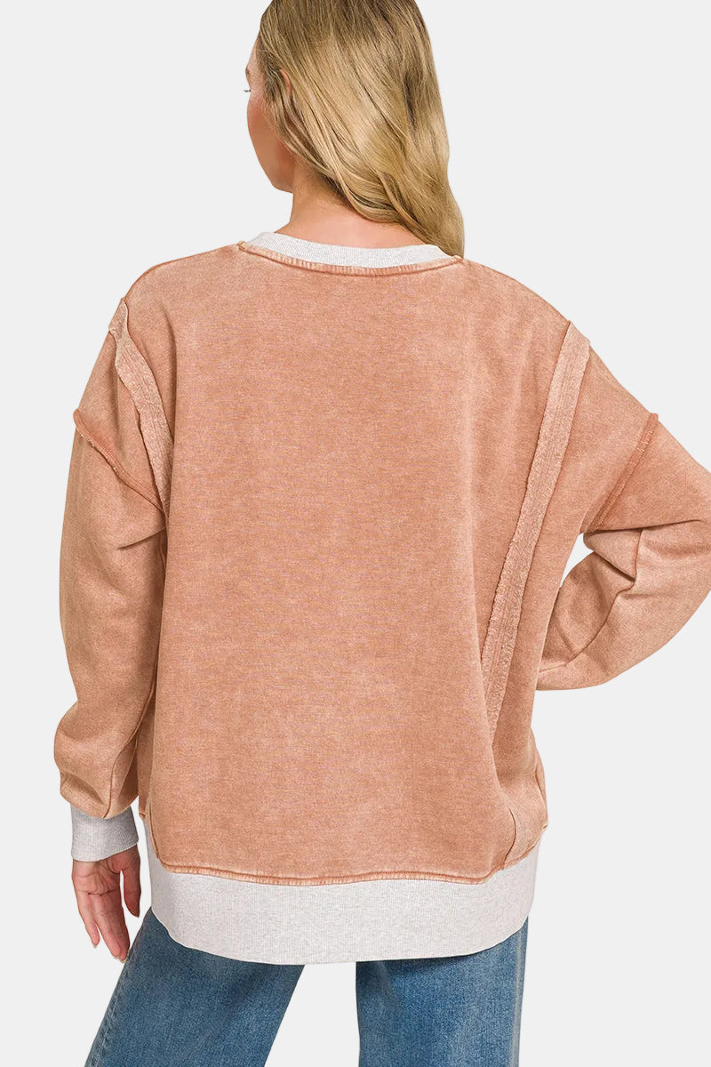 Fleece Acid Washed Contrast Trim Pullover / SLEET