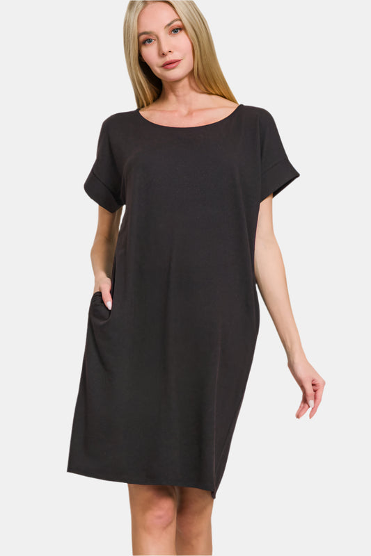 Rolled Short Sleeve Round Neck Dress / BLACK