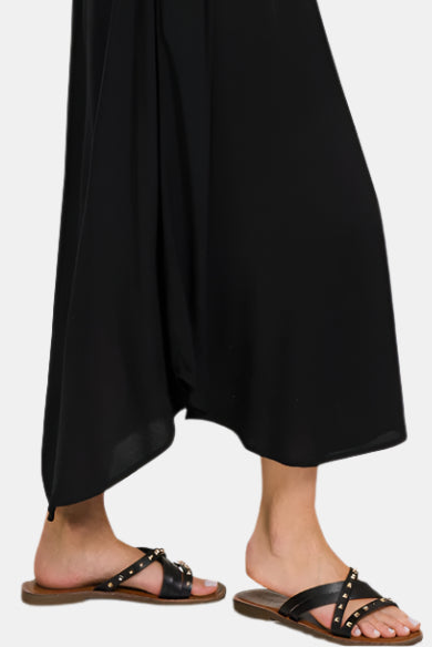 Woven Arc Hem Flowy Cami Dress With Pockets / BLACK