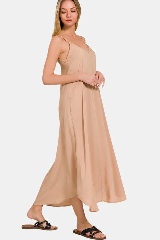 Woven Arc Hem Flowy Cami Dress With Pockets / BRUSH