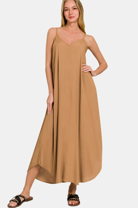 Woven Arc Hem Flowy Cami Dress With Pockets / DEEP CAMEL