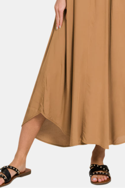 Woven Arc Hem Flowy Cami Dress With Pockets / DEEP CAMEL