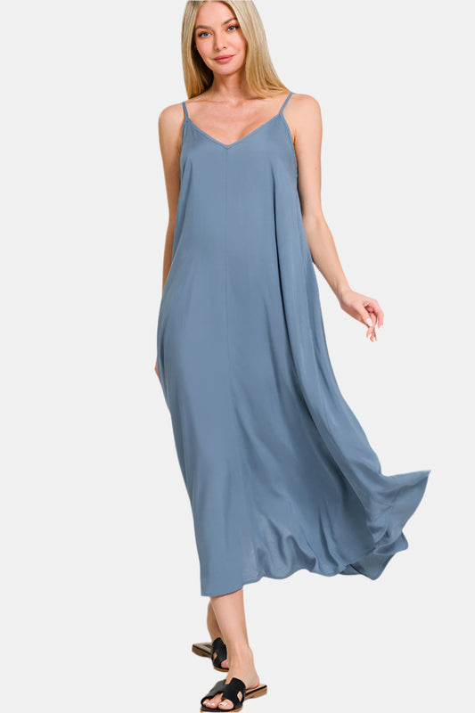 Woven Arc Hem Flowy Cami Dress With Pockets / DUSTY BLUE