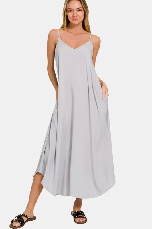 Woven Arc Hem Flowy Cami Dress With Pockets / LT GREY