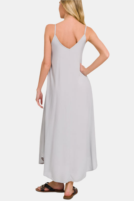 Woven Arc Hem Flowy Cami Dress With Pockets / LT GREY